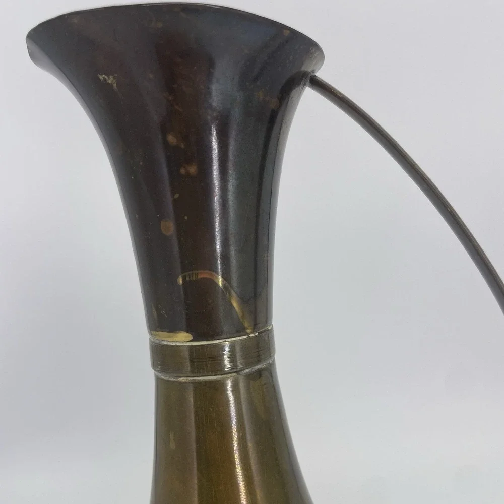 Vintage MCM  Brass Water Pitcher Vase Decanter With Curved Handle 9.5